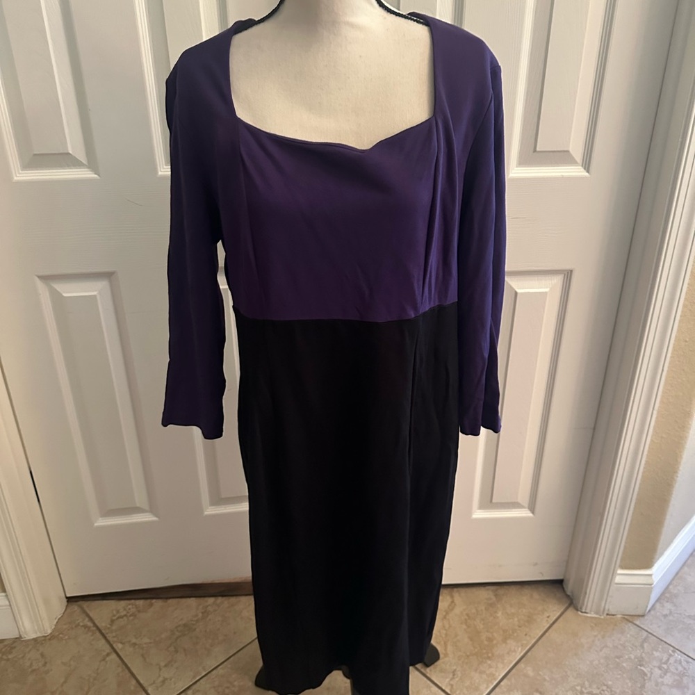 XL Purple and Black Women's Dress with Square Neckline and 3/4 length sleeves